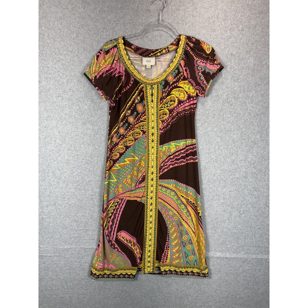 ECI New York Dress Womens 12 Brown Paisley Boho Short Sleeve Colorful Beaded